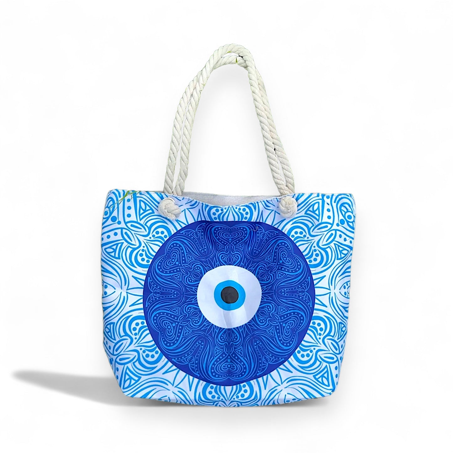 Ruime schoudertas met boze oog print, 34x35 cm, met comfortabele geweven handvatten en stevige ritssluiting, perfect voor het strand, reizen, winkelen, of dagelijks gebruik.