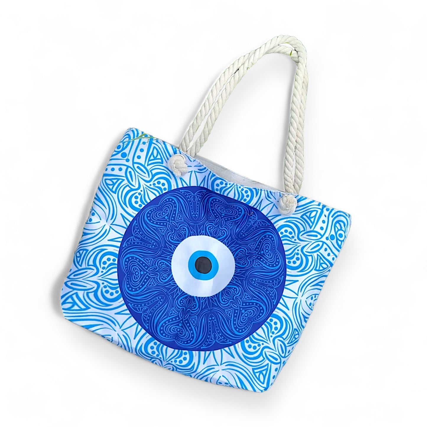 Ruime schoudertas met boze oog print, 34x35 cm, met comfortabele geweven handvatten en stevige ritssluiting, perfect voor het strand, reizen, winkelen, of dagelijks gebruik.