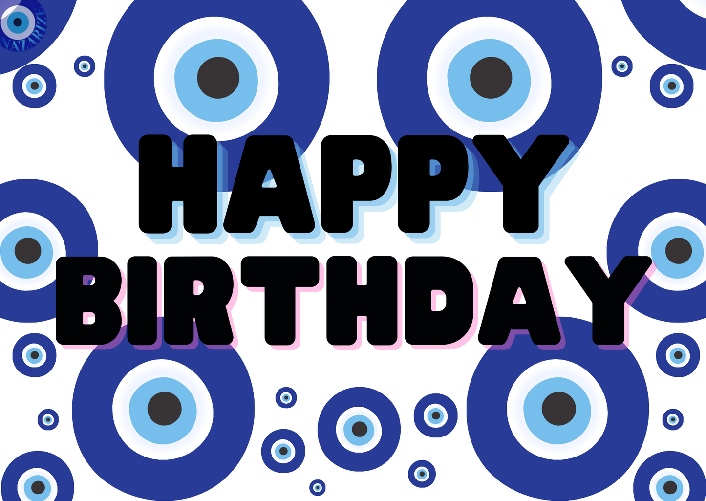 Happy Birthday wenskaart met boze oog, biedt feestelijke verjaardagswensen en extra bescherming. Inclusief envelop. Enkel A6 (105 x 148 mm), perfect voor een gelukkige verjaardag met een vleugje positieve energie
