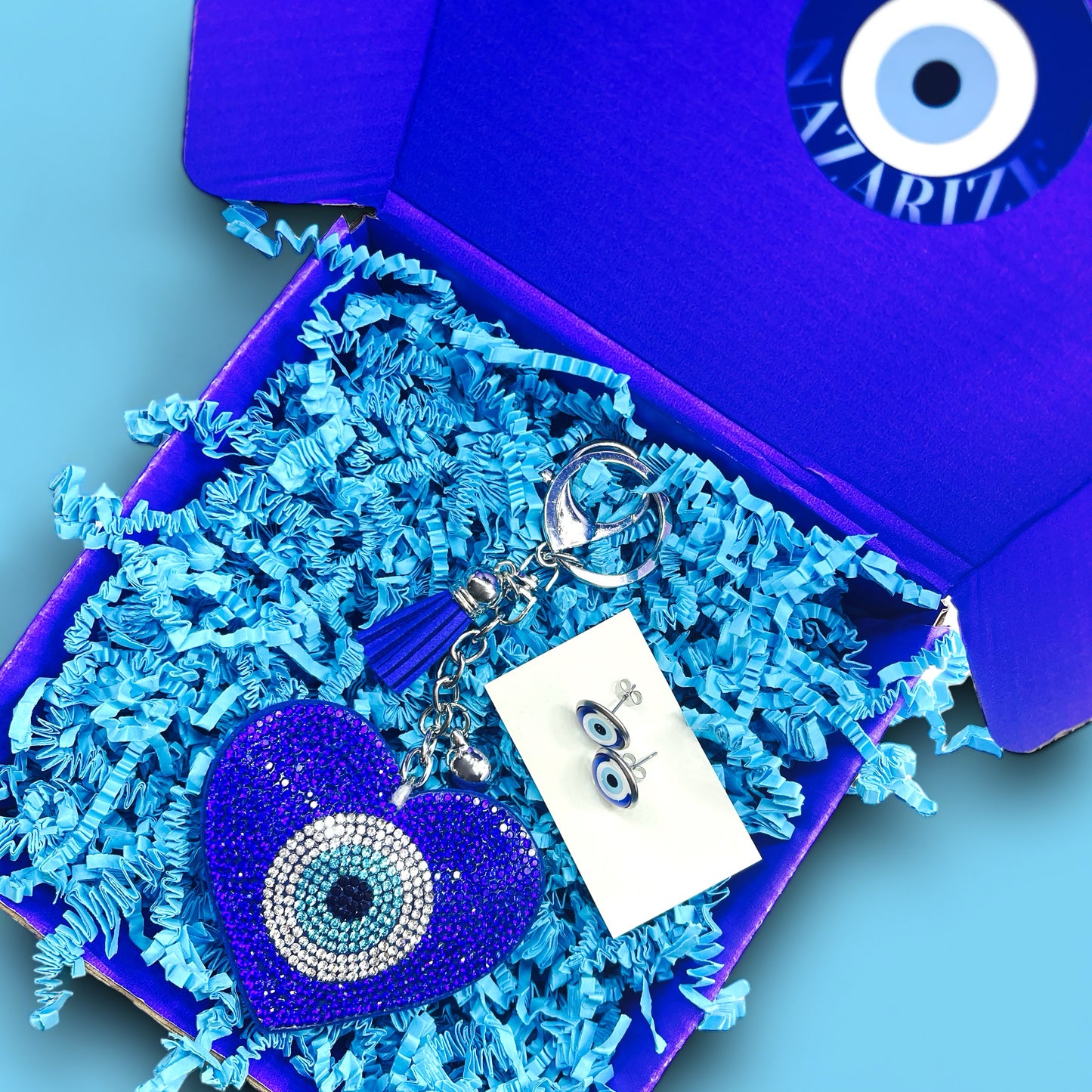 Boze Oog Cadeaubox 'Amore' met Nazar Heart sleutelhanger en Nazar Glow oorbellen, elegante accessoires voor liefde en bescherming, ideaal als geschenk