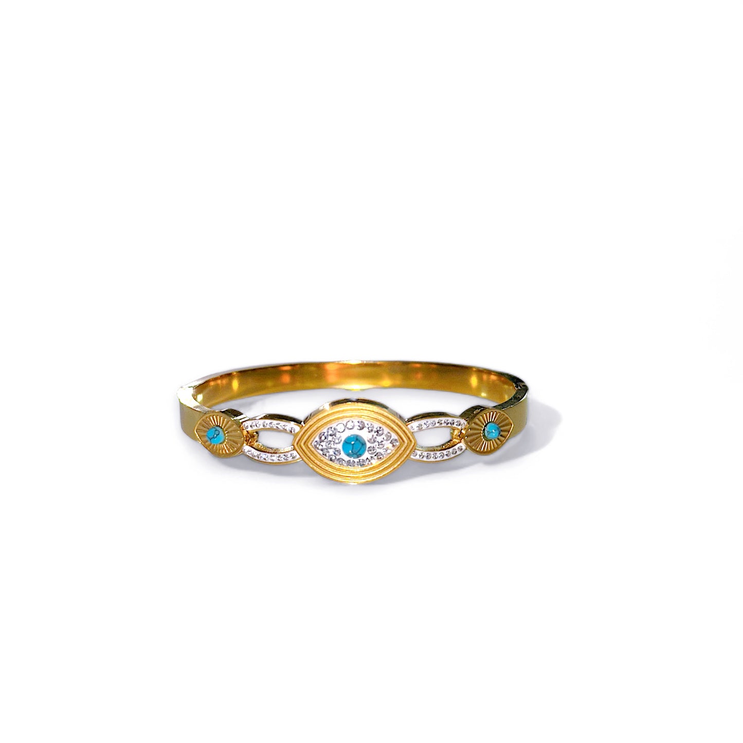 Elegant goudkleurige armband van stainless steel met groot boze oog versierd met schitterende steentjes. Roestvrij, duurzaam en stijlvol, perfect voor dagelijks gebruik of als cadeau.