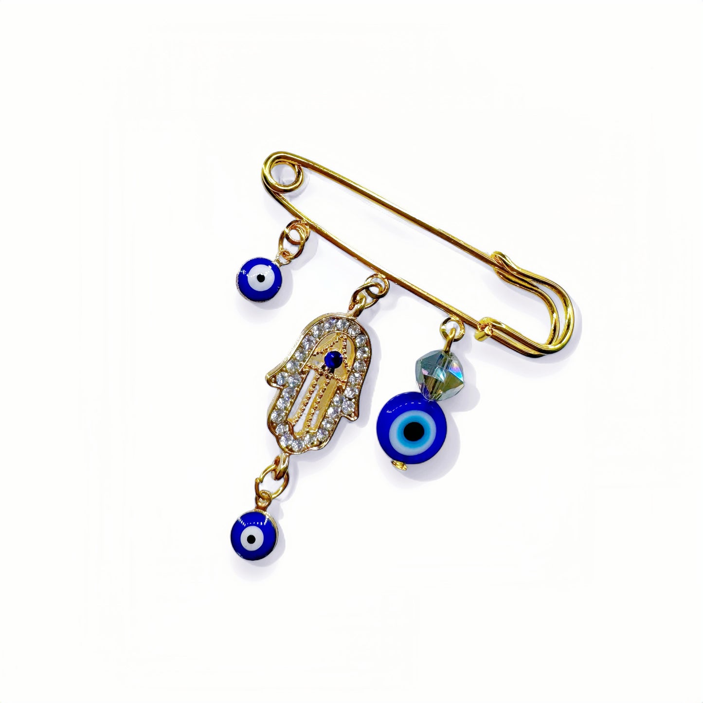 Elegante broche van 5 cm met Hamsa Hand en Boze Oog symbool, gouden afwerking, gemaakt van hoogwaardig metaal. Biedt bescherming en stijl, perfect als accessoire of cadeau.