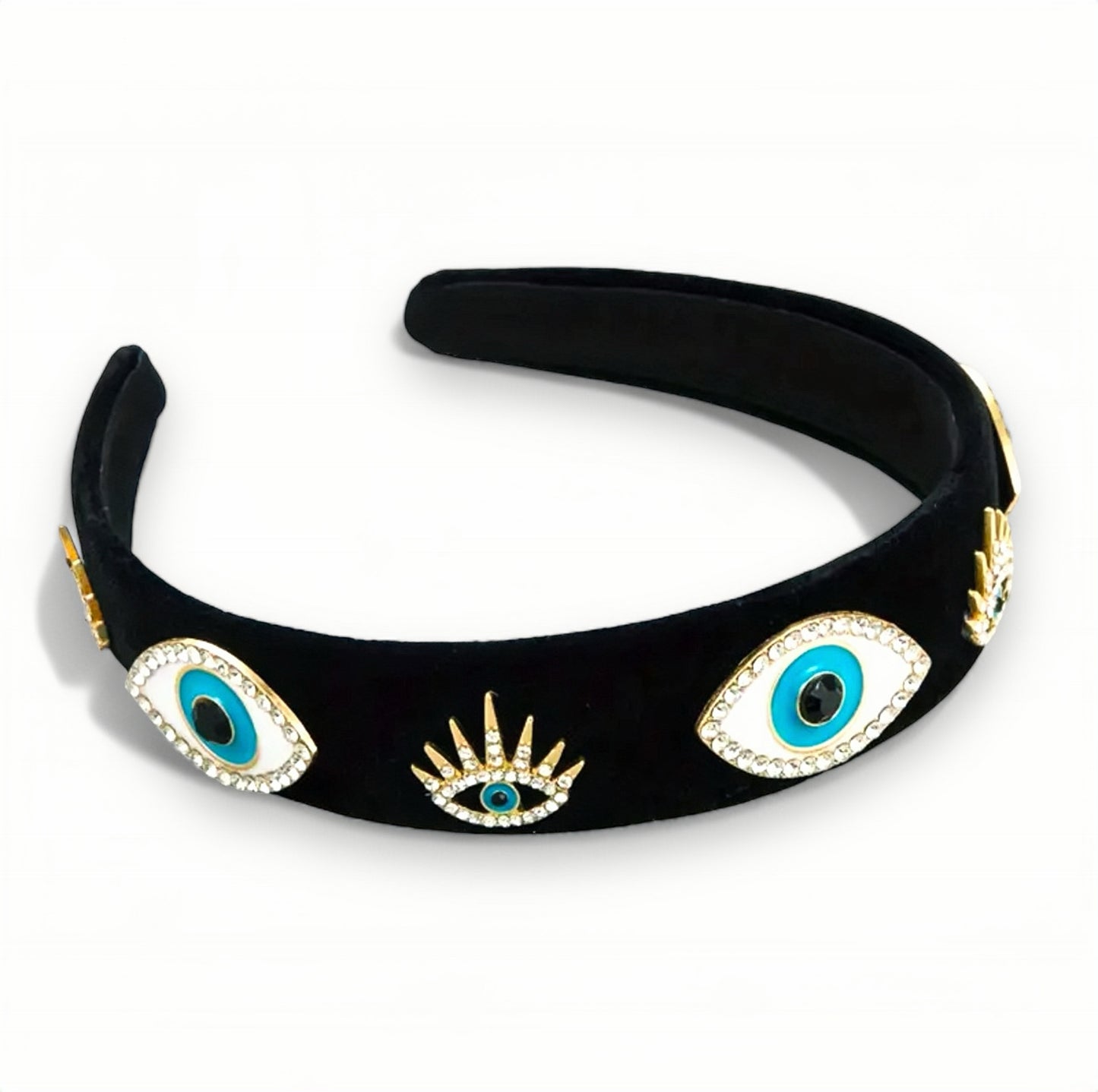 Zwarte Princess haarband met boze oog steentjes, stijlvol accessoire met beschermende Nazar-symboliek