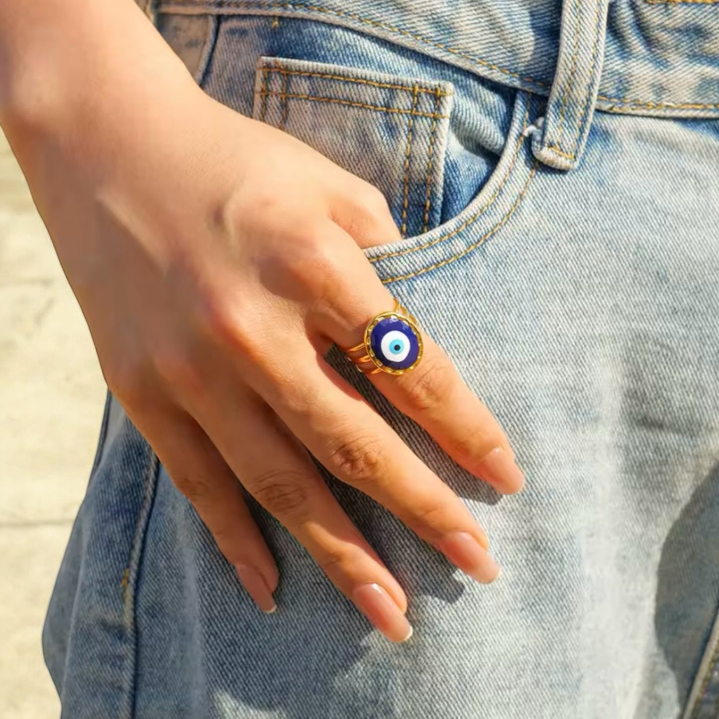 Goudkleurige verstelbare Evil Eye boze oog Nazar ring, roestvrij staal, krasbestendig en waterdicht