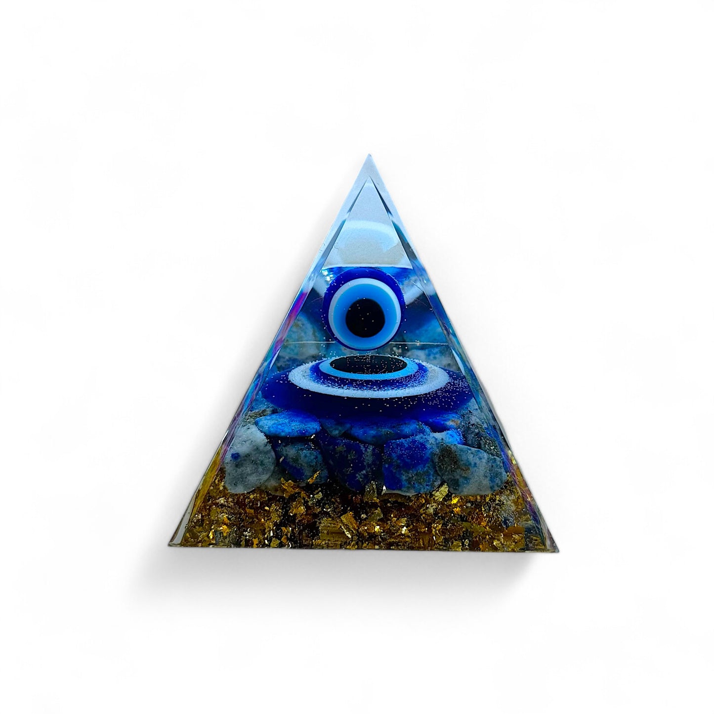 Boze oog piramide decoratie met Lapis steen en gouden kristallen, 5 cm, perfect voor huisdecoratie of als cadeau