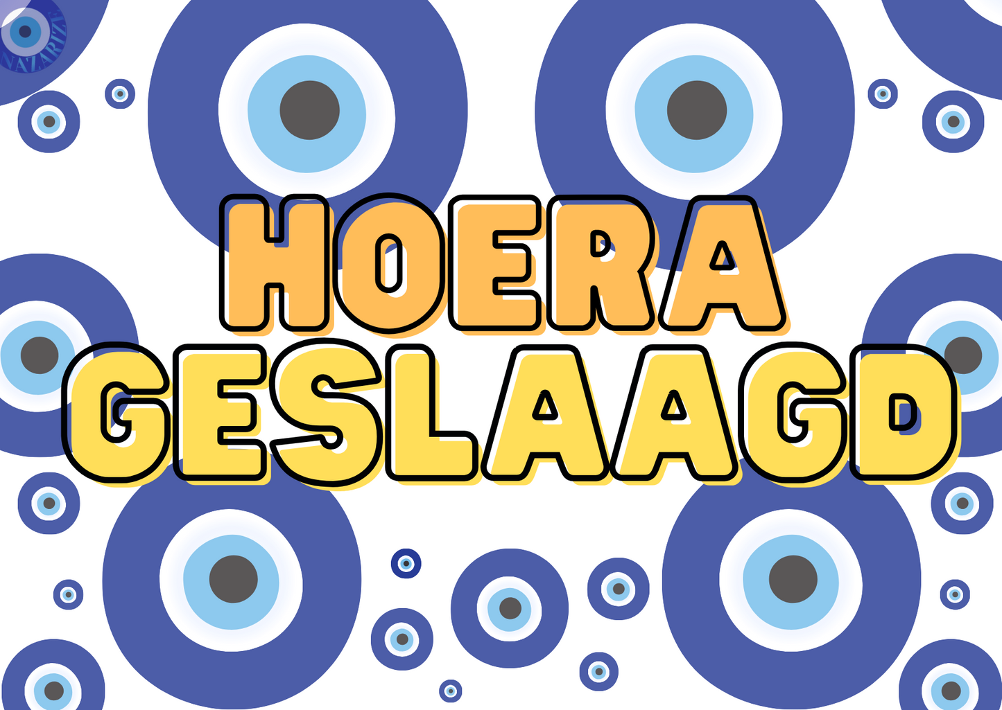 Hoera Geslaagd wenskaart met boze oog, viert succes en biedt bescherming tegen negatieve energie. Inclusief envelop. Enkel A6 (105 x 148 mm), ideaal om iemand te feliciteren met hun prestatie en hen met vertrouwen de toekomst in te sturen