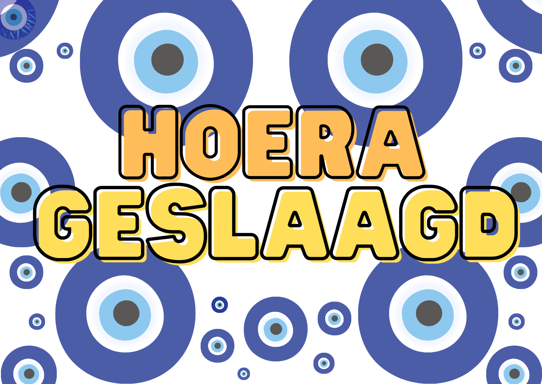 Hoera Geslaagd wenskaart met boze oog, viert succes en biedt bescherming tegen negatieve energie. Inclusief envelop. Enkel A6 (105 x 148 mm), ideaal om iemand te feliciteren met hun prestatie en hen met vertrouwen de toekomst in te sturen