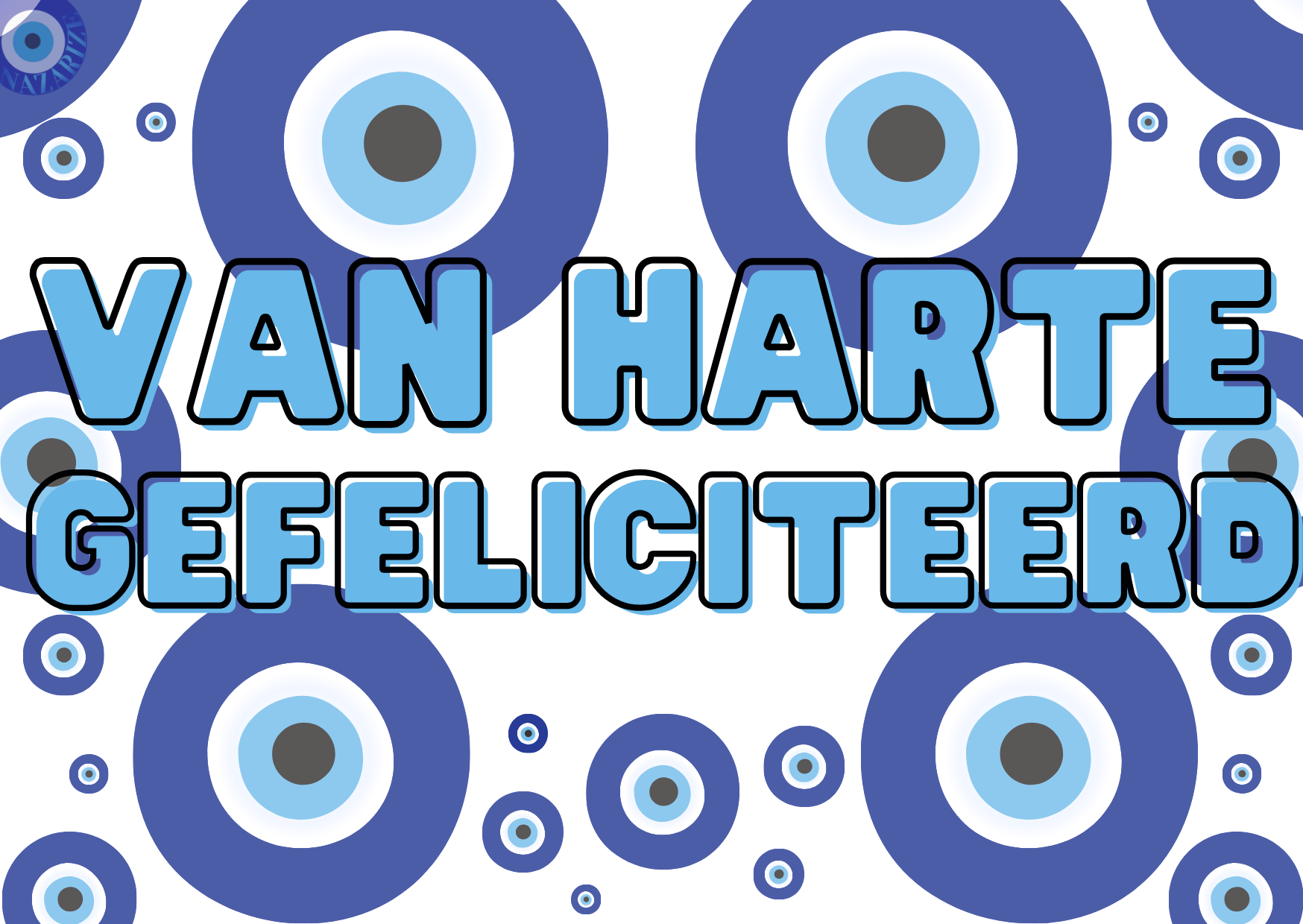 Blauwe 'Van Harte Gefeliciteerd' wenskaart met boze oog ontwerp, perfect om feestelijke boodschappen te versturen en bescherming te bieden. Inclusief envelop. Enkel A6 (105 x 148 mm), ideaal voor het vieren van speciale gelegenheden met een extra vleugje geluk