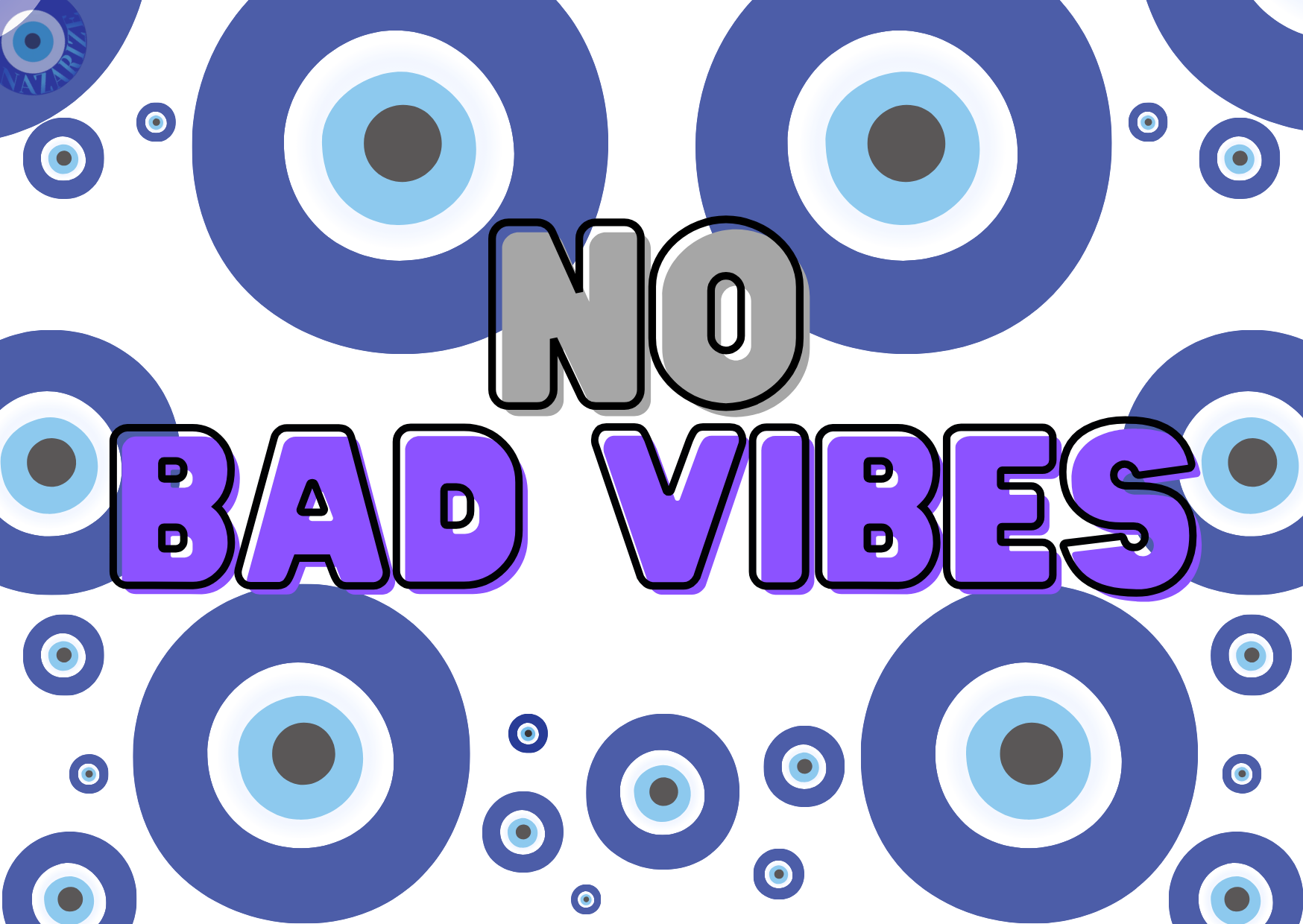 No Bad Vibes wenskaart met boze oog, straalt goede vibes uit en biedt bescherming tegen negatieve energie. Inclusief envelop. Enkel A6 (105 x 148 mm), perfect om iemand een boost van geluk en positiviteit te geven.