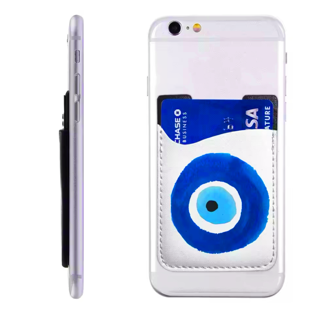 Nazar Safe pasjeshouder: hoogwaardig PU-leer met Nazar amulet voor bescherming en stijl. Eenvoudig plakbaar ontwerp voor bevestiging op telefoonhoesjes. Altijd je pasjes bij de hand!