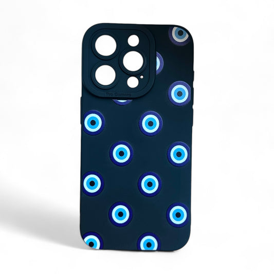 Mavi TPU telefoonhoes met Nazar oog symbool, ontworpen voor verschillende iPhone-modellen, biedt stijlvolle bescherming tegen negatieve energie