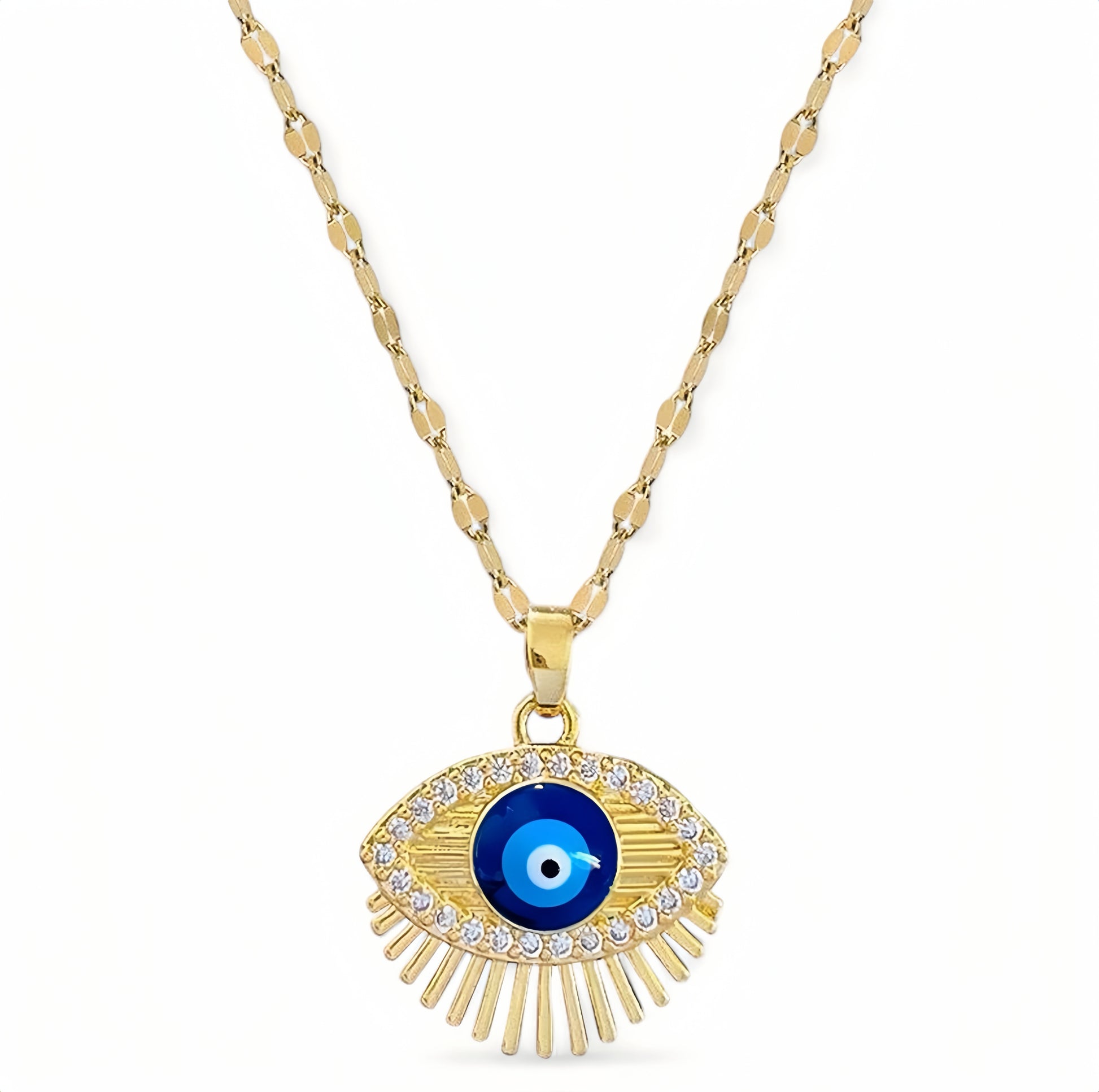 Close-up van de Boze Oog Moonlit ketting in goud, gemaakt van roestvrij staal, met een verfijnd boze oog symbool voor bescherming