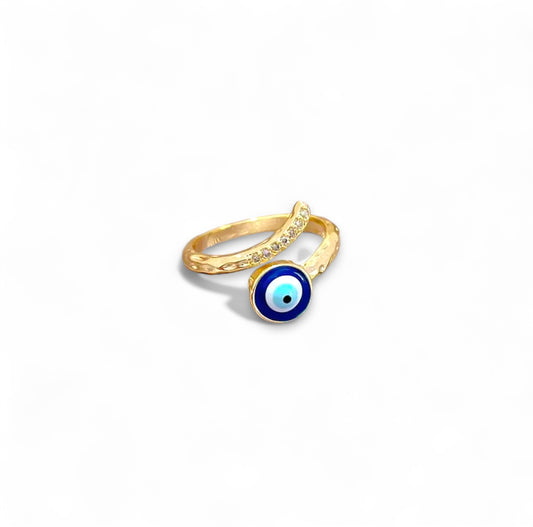 Gouden Dima boze oog ring van hoogwaardig roestvrij staal, verguld en roest- en vervagingsbestendig. Biedt bescherming tegen negatieve energie en voegt stijl toe aan elke outfit. Perfect als cadeau.