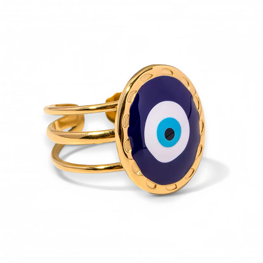 Goudkleurige verstelbare Evil Eye boze oog Nazar ring, roestvrij staal, krasbestendig en waterdicht