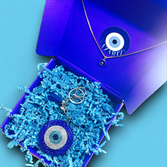 Boze Oog Cadeaubox 'Forever' met Nazar Eye sleutelhanger en Nazar Sparkle gouden ketting, stijlvolle en symbolische geschenkset voor bescherming en elegantie